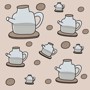 Pattern teapots and cookies on a beige background Stock Illustration