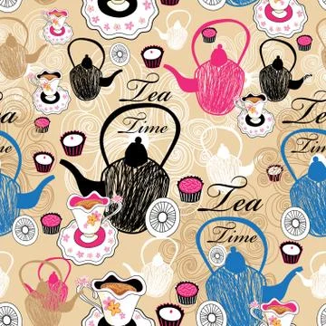 Pattern teapots and cups with tea Stock Illustration