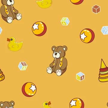 Pattern with teddy bears, balls, ring stakers, toy blocks and rubber duck. Stock Illustration