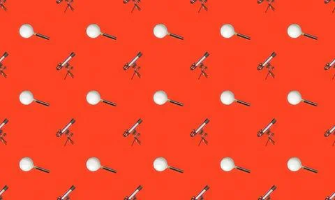 Pattern of telescopes and white balls on red background Stock Illustration