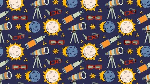Pattern with telescopes, sun, moon, eclipse, stars, comets, observation glasses. Stockillustratie