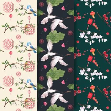 Pattern template with Happy Chinese New Year concept design watercolor vector 스톡 일러스트