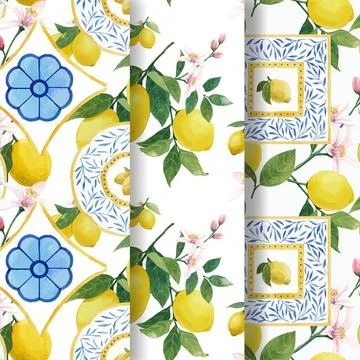 Pattern template with Italian tile design watercolor vector illustration Stock Illustration