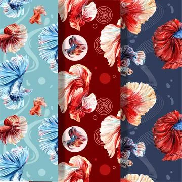 Pattern template with Siames fighting fish concept design watercolor vector i イラスト素材