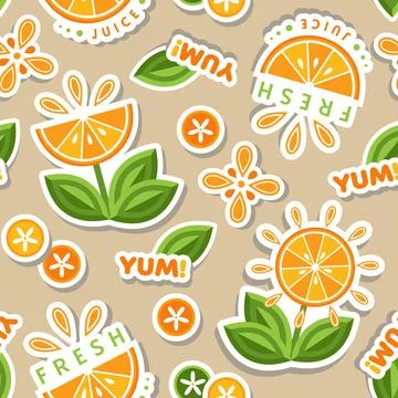 Pattern with text, stickers in the shape of flower made of orange slices Stock Illustration