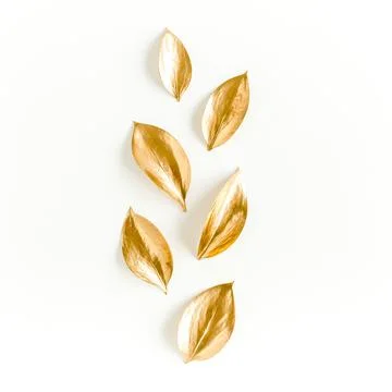 Pattern, texture with gold leaves isolated on white background. flat lay, top 스톡 사진