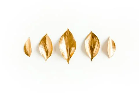 Pattern, texture with gold leaves isolated on white background. flat lay, top Stock Photos