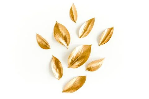 Pattern, texture with gold leaves isolated on white background. flat lay, top Stock Photos