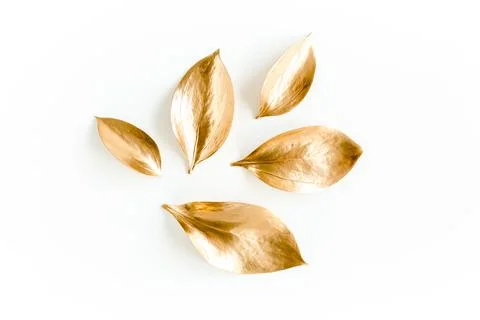 Pattern, texture with gold leaves isolated on white background. flat lay, top 스톡 사진