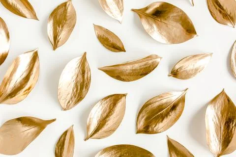 Pattern, texture with gold leaves isolated on white background. flat lay, top Stock Photos