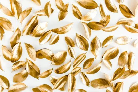 Pattern, texture with gold leaves isolated on white background. flat lay, top 스톡 사진
