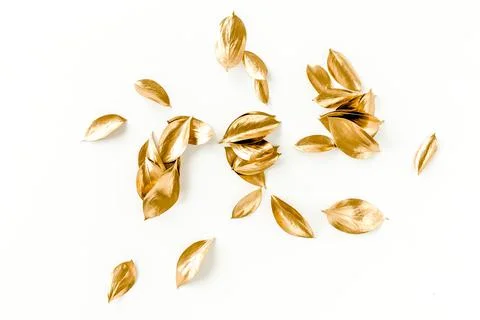 Pattern, texture with gold leaves isolated on white background. flat lay, top 스톡 사진