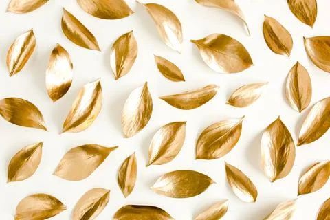 Pattern, texture with gold leaves isolated on white background. flat lay, top Stock Photos