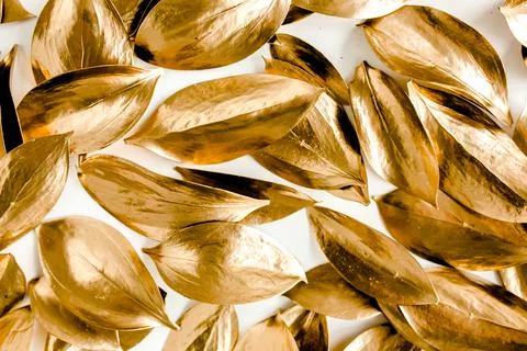 Pattern, texture with gold leaves isolated on white background. flat lay, top Foto stock