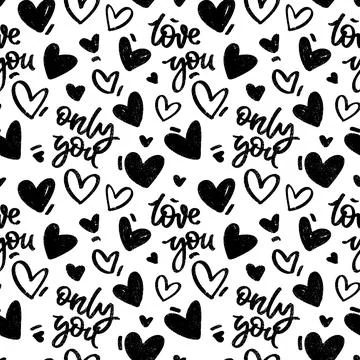 Pattern with textured hearts and hand written words love you and only you. .. Stock Illustration