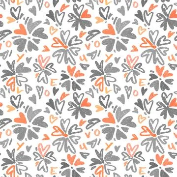 Pattern with textured hearts in flower shapes. Seamless vector background. Re Stock Illustration
