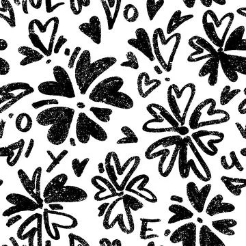 Pattern with textured hearts in flower shapes. Seamless one color backgroun.. Stock Illustration