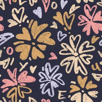 Pattern with textured hearts in flower shapes. Seamless colorful background.. Stock Illustration