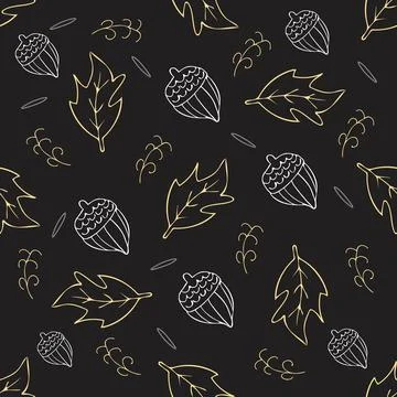The pattern of their acorns and leaves on a black background for use as a print Stock Illustration