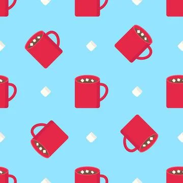Pattern of their red mug with chocolate and marshmallows on blue background Stock Illustration