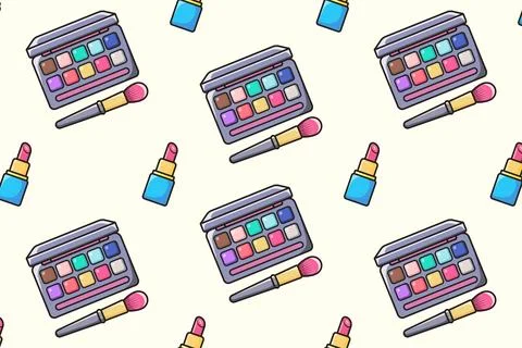 Pattern on the theme of cosmetics. Cartoon eyeshadow palette and lipstick. Stock-Illustration