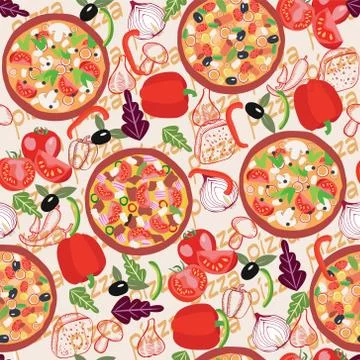 Pattern with three different pizzas and ingredients of pizza Stock Illustration