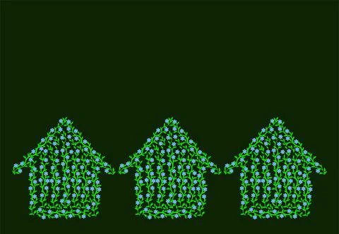 Pattern of three eco green summer house made of tree branches with leaves Stock Illustration
