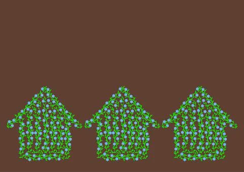 Pattern of three eco green summer house made of tree branches with leaves 스톡 일러스트