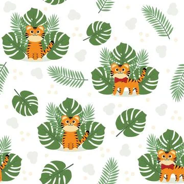 Pattern with tiger cubs on a background of tropical leaves, color vector illu Stock Illustration