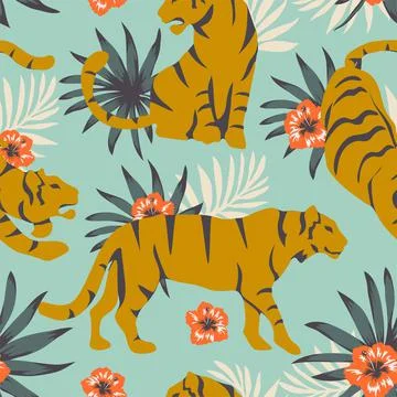 Pattern with tigers in the tropical jungle Stock Illustration
