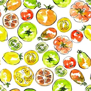 Pattern with tomatoes, red, green and yellow colors, table cloth and tea towe Stock Illustration