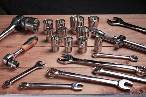 Pattern of tools for repairing auto or motorcycle equipment, on the desktop. Foto stock
