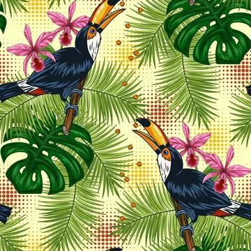 Pattern with toucan bird, tropical foliage, orchid Stock-Illustration
