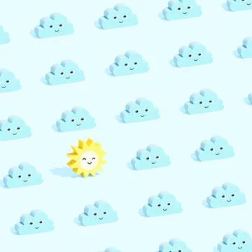 Pattern of toy blue clouds and yellow sun on a light blue background Stock Photos