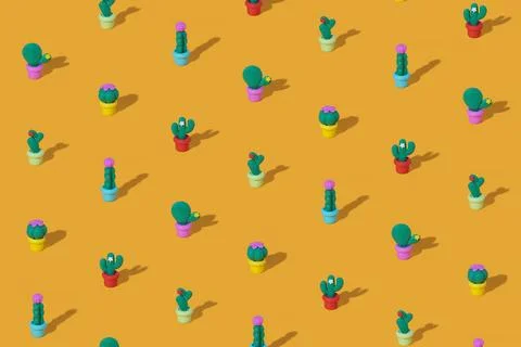 Pattern of toy green cacti on dark yellow background Stock Photos