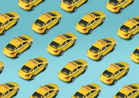 Pattern with toy machine yellow cab on white background. Public taxi service Stock Illustration