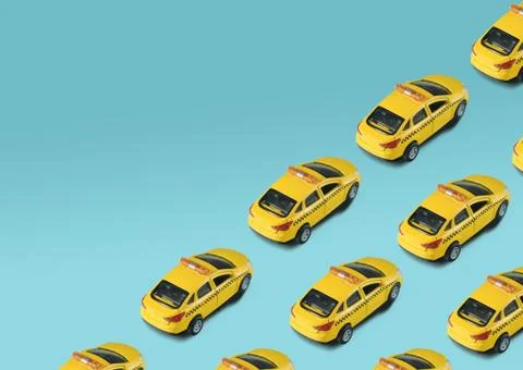 Pattern with toy machine yellow cab on white background. Public taxi service Stock Illustration
