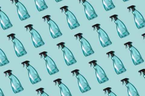 Pattern of transparent plastic bottle of cleaning product, household window Stock Photos