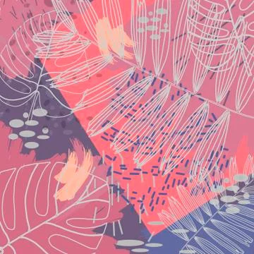 Pattern of tropical beach leaves, palm, monstera, orange and purple colors. B Stock Illustration