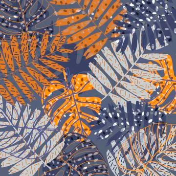 Pattern of tropical beach leaves, palm, monstera, orange and purple colors. B Stock Illustration