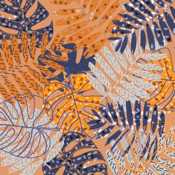 Pattern of tropical beach leaves, palm, monstera, orange and purple colors. B Stock Illustration