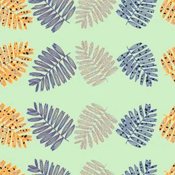 Pattern of tropical beach leaves, palm, monstera, orange and purple colors. B Stock Illustration