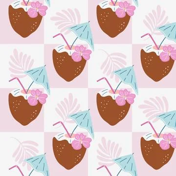 Pattern with tropical cocktail in coconut. Background with leaf and drink. Illustrazione stock