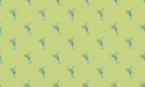 Pattern of tropical drinks with umbrellas on light green background Stock Illustration