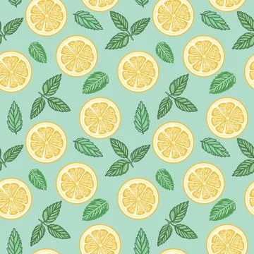 Pattern with Tropical fruit slices lemon and mint leaves Illustrazione stock