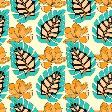 Pattern tropical leaves and Magnolia, hand drawn. Stock Illustration