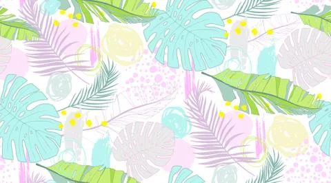Pattern with tropical leaves and scrawl Stock Illustration