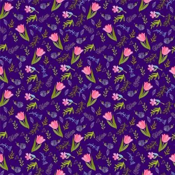 Pattern with tulips and wild flowers Stock Illustration