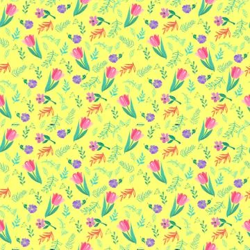 Pattern with tulips and wild flowers, vector illustration Stock Illustration