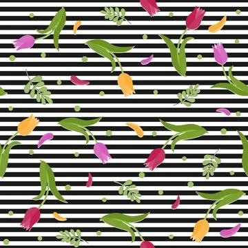 Pattern of tulips on a black background with stripes, color vector illustrati Stock Illustration